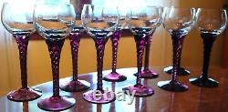 Vtg Set 10 AMETHYST PURPLE TWIST STEM WINE GLASSES Clear Bowl Hand Blown 7 1/8