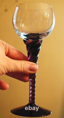 Vtg Set 10 AMETHYST PURPLE TWIST STEM WINE GLASSES Clear Bowl Hand Blown 7 1/8
