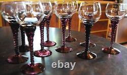 Vtg Set 10 AMETHYST PURPLE TWIST STEM WINE GLASSES Clear Bowl Hand Blown 7 1/8