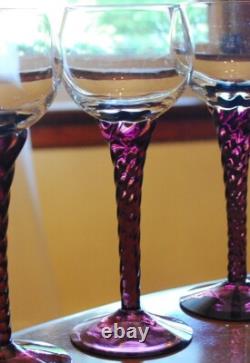 Vtg Set 10 AMETHYST PURPLE TWIST STEM WINE GLASSES Clear Bowl Hand Blown 7 1/8