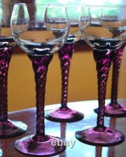 Vtg Set 10 AMETHYST PURPLE TWIST STEM WINE GLASSES Clear Bowl Hand Blown 7 1/8