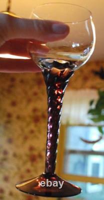 Vtg Set 10 AMETHYST PURPLE TWIST STEM WINE GLASSES Clear Bowl Hand Blown 7 1/8