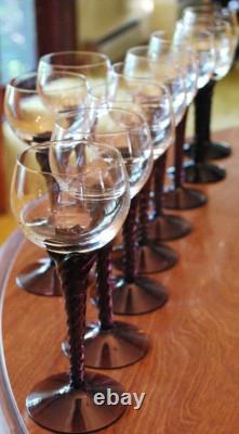 Vtg Set 10 AMETHYST PURPLE TWIST STEM WINE GLASSES Clear Bowl Hand Blown 7 1/8