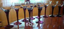 Vtg Set 10 AMETHYST PURPLE TWIST STEM WINE GLASSES Clear Bowl Hand Blown 7 1/8