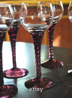 Vtg Set 10 AMETHYST PURPLE TWIST STEM WINE GLASSES Clear Bowl Hand Blown 7 1/8