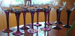 Vtg Set 10 AMETHYST PURPLE TWIST STEM WINE GLASSES Clear Bowl Hand Blown 7 1/8