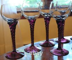 Vtg Set 10 AMETHYST PURPLE TWIST STEM WINE GLASSES Clear Bowl Hand Blown 7 1/8