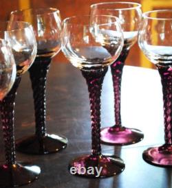 Vtg Set 10 AMETHYST PURPLE TWIST STEM WINE GLASSES Clear Bowl Hand Blown 7 1/8