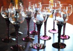 Vtg Set 10 AMETHYST PURPLE TWIST STEM WINE GLASSES Clear Bowl Hand Blown 7 1/8