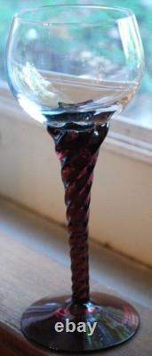 Vtg Set 10 AMETHYST PURPLE TWIST STEM WINE GLASSES Clear Bowl Hand Blown 7 1/8