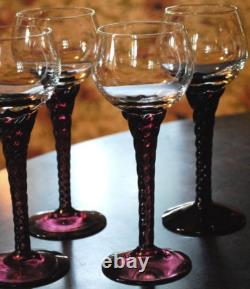 Vtg Set 10 AMETHYST PURPLE TWIST STEM WINE GLASSES Clear Bowl Hand Blown 7 1/8