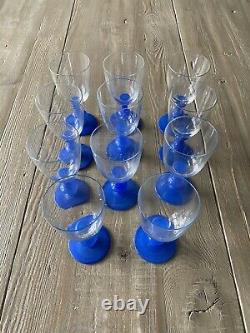 Vtg Set 11 Villeroy & Boch Isabelle Blue Stem 6.25 Clear Claret Wine Glasses