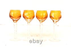 Vtg Set 4 Bohemian Czech Cut To Clear Crystal Cordial Wine Glasses Amber Yellow