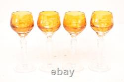 Vtg Set 4 Bohemian Czech Cut To Clear Crystal Cordial Wine Glasses Amber Yellow
