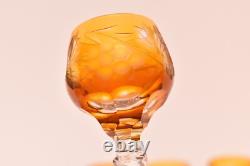Vtg Set 4 Bohemian Czech Cut To Clear Crystal Cordial Wine Glasses Amber Yellow