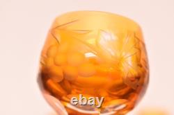 Vtg Set 4 Bohemian Czech Cut To Clear Crystal Cordial Wine Glasses Amber Yellow