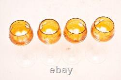 Vtg Set 4 Bohemian Czech Cut To Clear Crystal Cordial Wine Glasses Amber Yellow