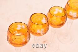 Vtg Set 4 Bohemian Czech Cut To Clear Crystal Cordial Wine Glasses Amber Yellow