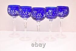 Vtg Set 5 Bohemian Czech Cut To Clear Cobalt Blue Hock Wine Glasses Goblets