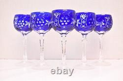 Vtg Set 5 Bohemian Czech Cut To Clear Cobalt Blue Hock Wine Glasses Goblets