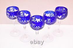 Vtg Set 5 Bohemian Czech Cut To Clear Cobalt Blue Hock Wine Glasses Goblets