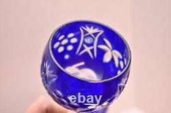 Vtg Set 5 Bohemian Czech Cut To Clear Cobalt Blue Hock Wine Glasses Goblets