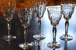 Vtg Set 5 MORGANTOWN Optic Wine/Cordial Glasses CUT FLORAL W CUT STEM & FOOT