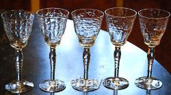Vtg Set 5 MORGANTOWN Optic Wine/Cordial Glasses CUT FLORAL W CUT STEM & FOOT