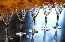 Vtg Set 5 MORGANTOWN Optic Wine/Cordial Glasses CUT FLORAL W CUT STEM & FOOT