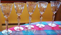 Vtg Set 5 MORGANTOWN Optic Wine/Cordial Glasses CUT FLORAL W CUT STEM & FOOT