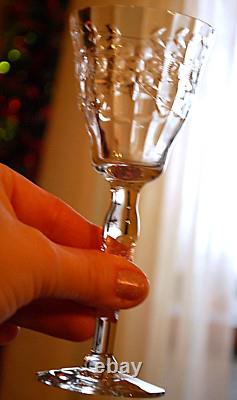 Vtg Set 5 MORGANTOWN Optic Wine/Cordial Glasses CUT FLORAL W CUT STEM & FOOT