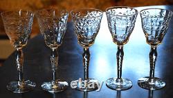 Vtg Set 5 MORGANTOWN Optic Wine/Cordial Glasses CUT FLORAL W CUT STEM & FOOT