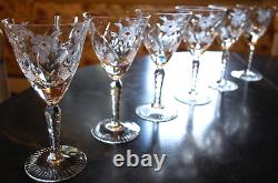 Vtg Set 6 HAND CUT CRYSTAL Wine Glasses Notched Stem GREY CUT FLORAL w ARCHES