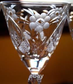 Vtg Set 6 HAND CUT CRYSTAL Wine Glasses Notched Stem GREY CUT FLORAL w ARCHES
