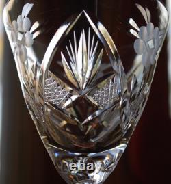Vtg Set 6 HAND CUT CRYSTAL Wine Glasses Notched Stem GREY CUT FLORAL w ARCHES
