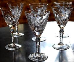 Vtg Set 6 HAND CUT CRYSTAL Wine Glasses Notched Stem GREY CUT FLORAL w ARCHES
