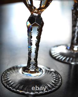 Vtg Set 6 HAND CUT CRYSTAL Wine Glasses Notched Stem GREY CUT FLORAL w ARCHES