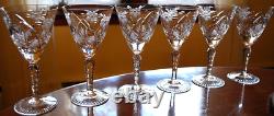 Vtg Set 6 HAND CUT CRYSTAL Wine Glasses Notched Stem GREY CUT FLORAL w ARCHES