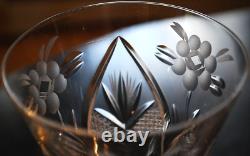 Vtg Set 6 HAND CUT CRYSTAL Wine Glasses Notched Stem GREY CUT FLORAL w ARCHES