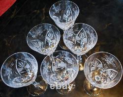 Vtg Set 6 HAND CUT CRYSTAL Wine Glasses Notched Stem GREY CUT FLORAL w ARCHES