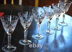 Vtg Set 6 HAND CUT CRYSTAL Wine Glasses Notched Stem GREY CUT FLORAL w ARCHES