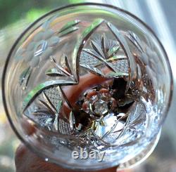 Vtg Set 6 HAND CUT CRYSTAL Wine Glasses Notched Stem GREY CUT FLORAL w ARCHES