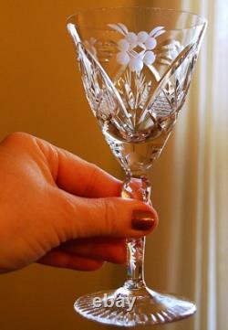 Vtg Set 6 HAND CUT CRYSTAL Wine Glasses Notched Stem GREY CUT FLORAL w ARCHES