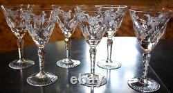 Vtg Set 6 HAND CUT CRYSTAL Wine Glasses Notched Stem GREY CUT FLORAL w ARCHES