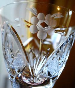 Vtg Set 6 HAND CUT CRYSTAL Wine Glasses Notched Stem GREY CUT FLORAL w ARCHES