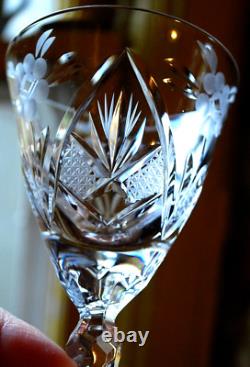 Vtg Set 6 HAND CUT CRYSTAL Wine Glasses Notched Stem GREY CUT FLORAL w ARCHES