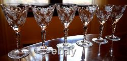 Vtg Set 6 HAND CUT CRYSTAL Wine Glasses Notched Stem GREY CUT FLORAL w ARCHES