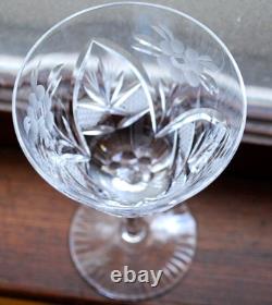 Vtg Set 6 HAND CUT CRYSTAL Wine Glasses Notched Stem GREY CUT FLORAL w ARCHES