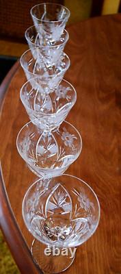 Vtg Set 6 HAND CUT CRYSTAL Wine Glasses Notched Stem GREY CUT FLORAL w ARCHES