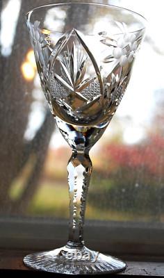 Vtg Set 6 HAND CUT CRYSTAL Wine Glasses Notched Stem GREY CUT FLORAL w ARCHES